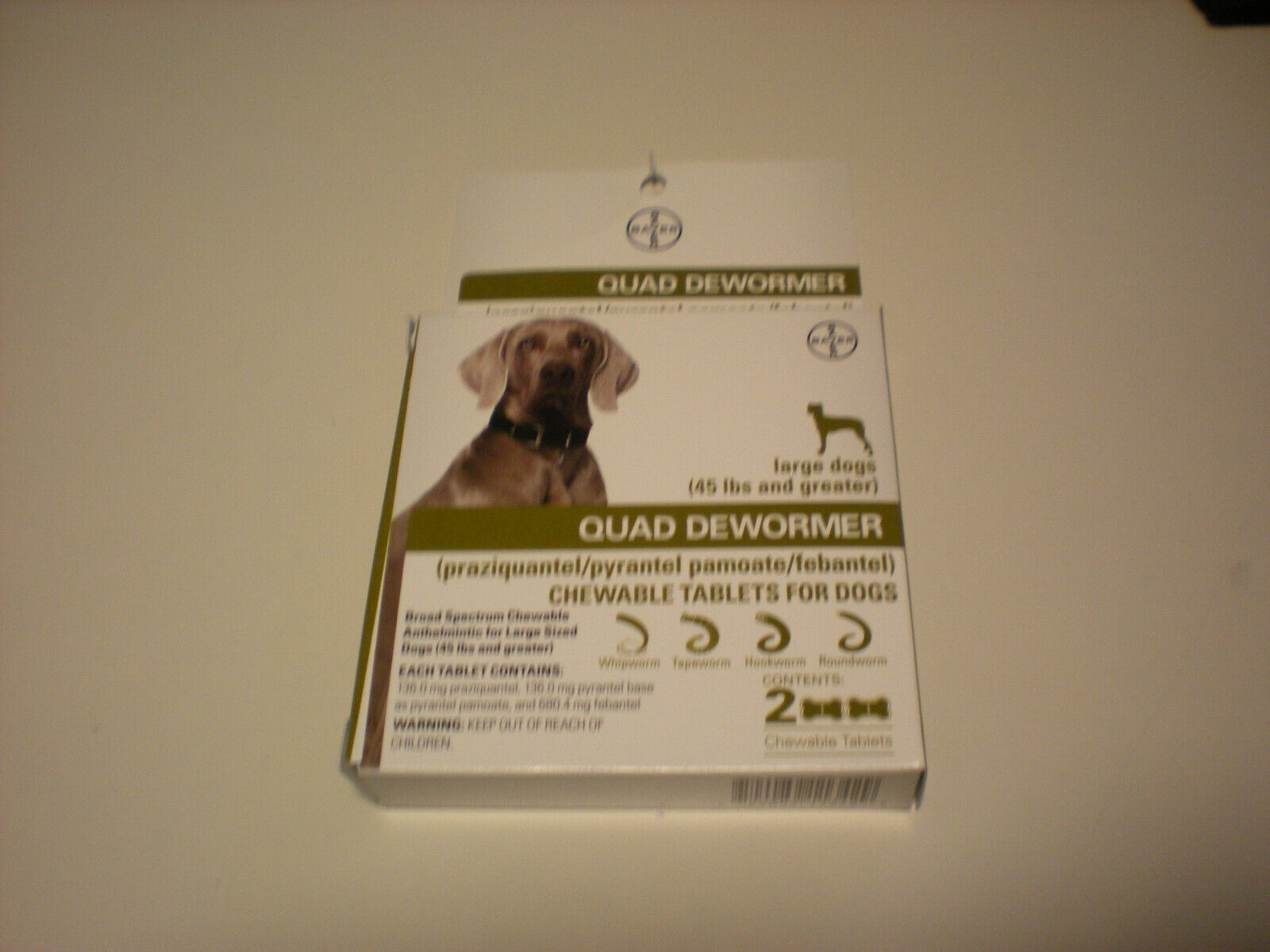 (2 PKS OF 2-CHEWABLE TABLETS BAYER QUAD 4 TABS DEWORMER LG-45LBS.& UP EXP 3-2023