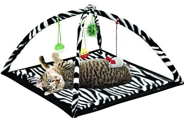 Zebra Print Cat Play Tent with Dangle Toys Pet Interactive Kitty 22
