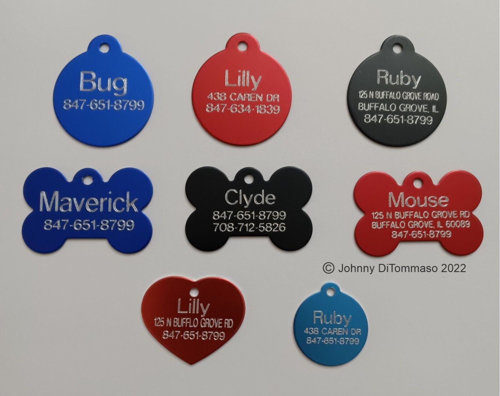 Custom Engraved Pet ID Tags for Dogs and Cats/Bone Shape, Round Shape and Heart 
