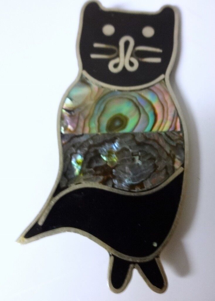 Vintage Silver Enamel Mother of Pearl Abalone Overlay Cat Pin Brooch 5.3 gr