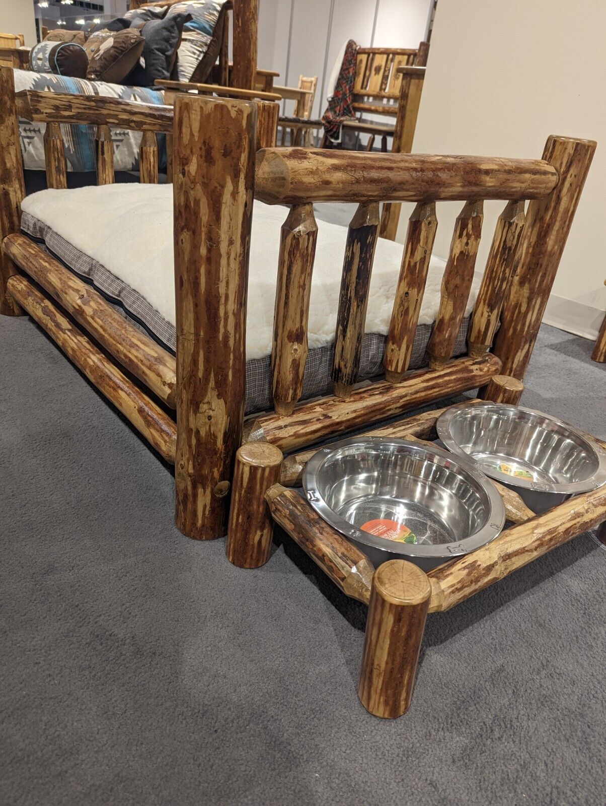 Rustic Raised DEG BED and Feeder SET for Larger Dogs LOG Cabin Style