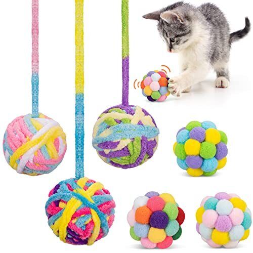 Cat Toys Ball, Woolen Yarn with Bell & Fuzzy Balls, Interactive Chew Toys,6 Pack
