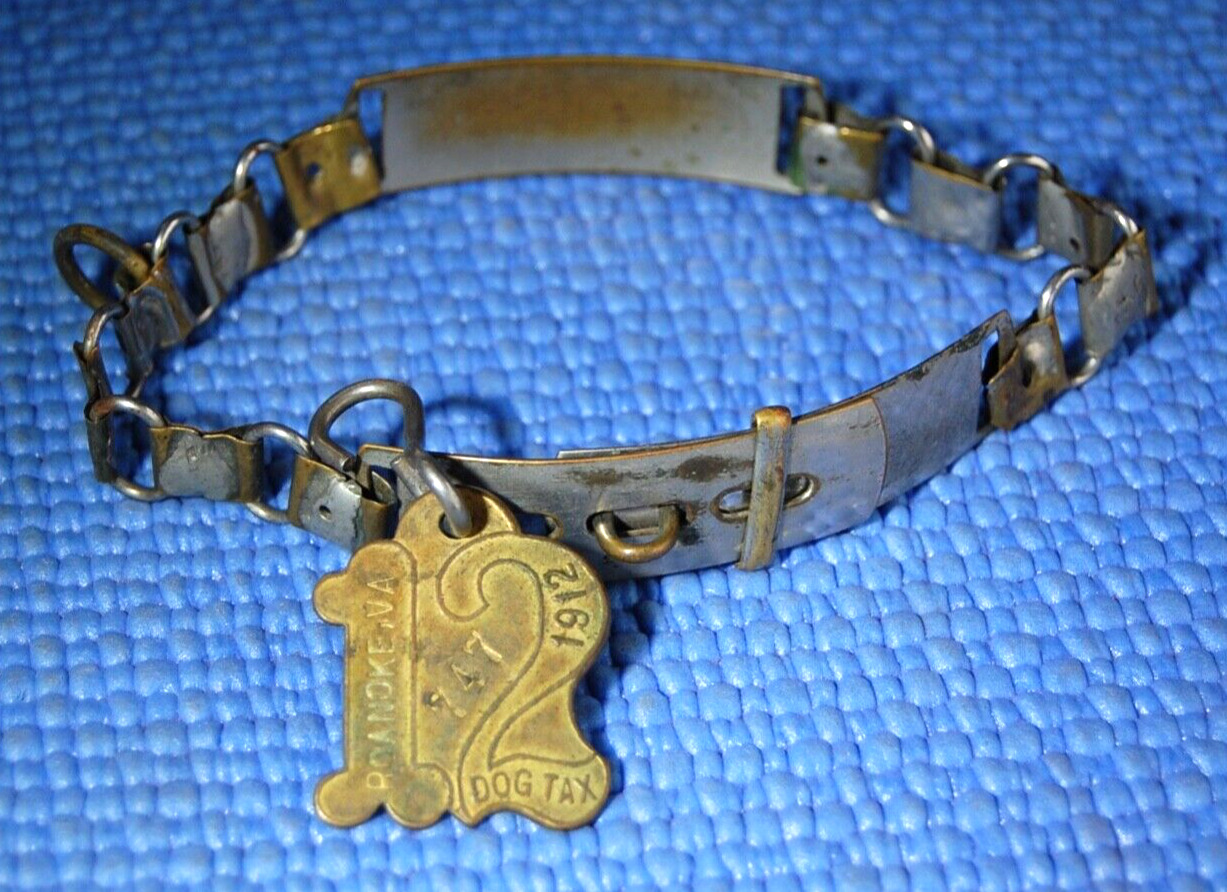 Antique metal Solder link dog collar Vintage Ultra RARE 1912 Dog Tag-Roanoke, VA