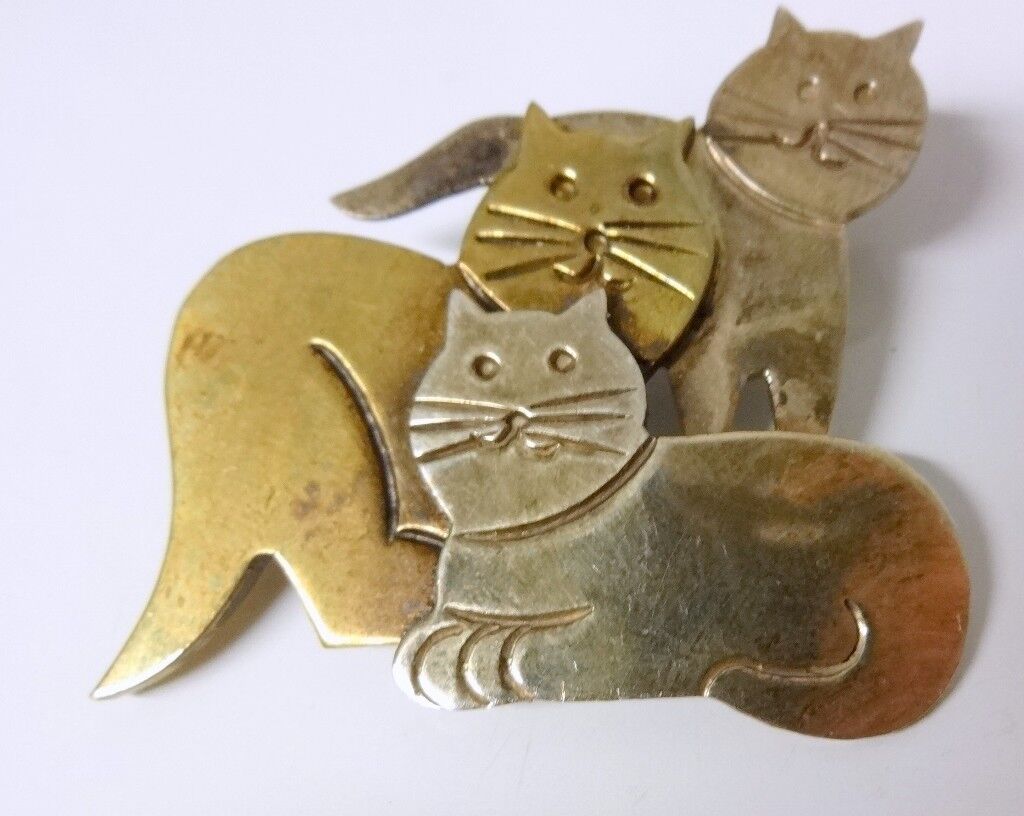Vintage A T Mexico 925 Sterling Silver Group of 3 Cats Pin Brooch 14.4 gr