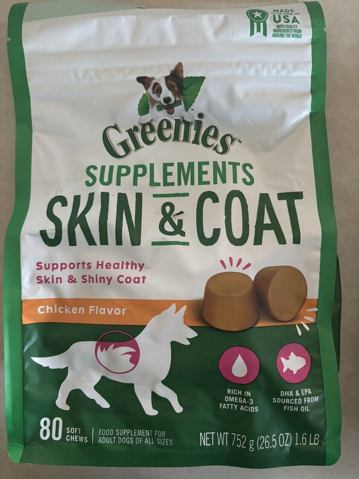 GREENIES Skin & Coat Food Supplements 80 Chicken Flavor Soft Chews Omega 3 1.6LB