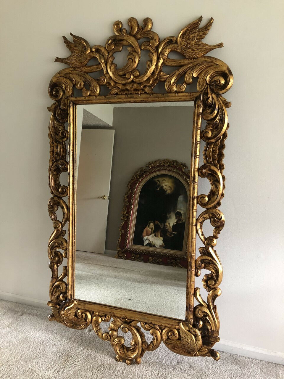 Wall Mirror in Gold Leaf with Phoenix Motif