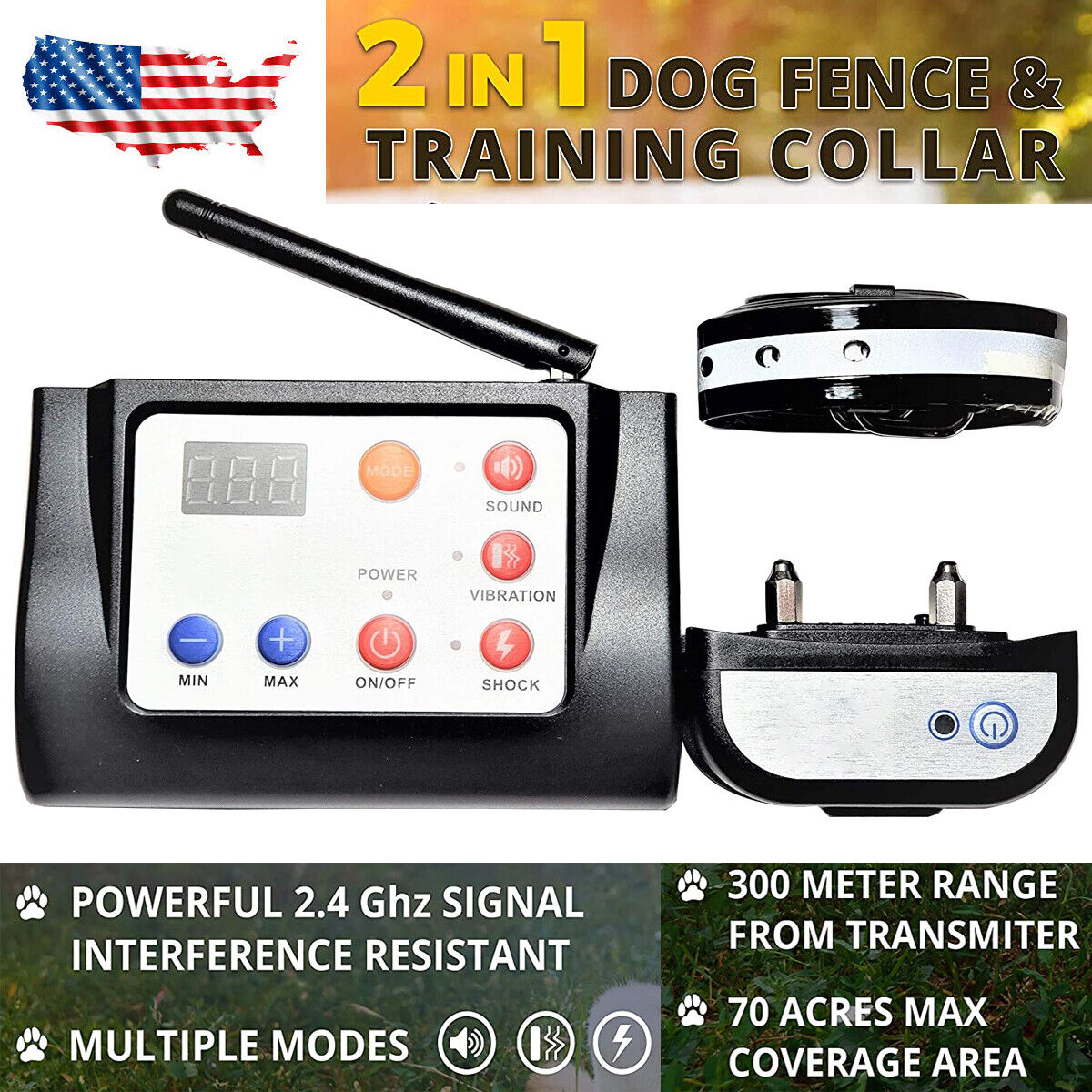 Wireless Electric Dog Fence Pet Containment System Shock Collar Dog Boundary US