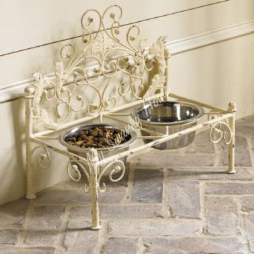 Luxe White Iron OLD WORLD Dog Pet Cat FEEDER Bowl Dish Victorian Antique Scroll