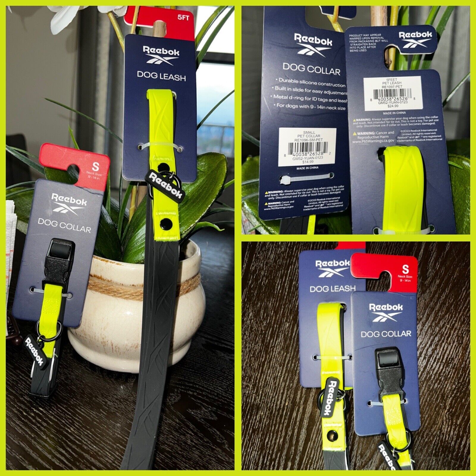 🐶Reebok Dog Collar Small 9-14 In Lime Green & 5ft Leash [Brand New]🐶