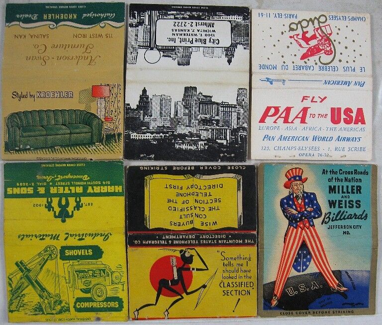 8 1940's 40 Strike Bob Tail Matchbooks Uncle Sam Crane Pan American Kroehler