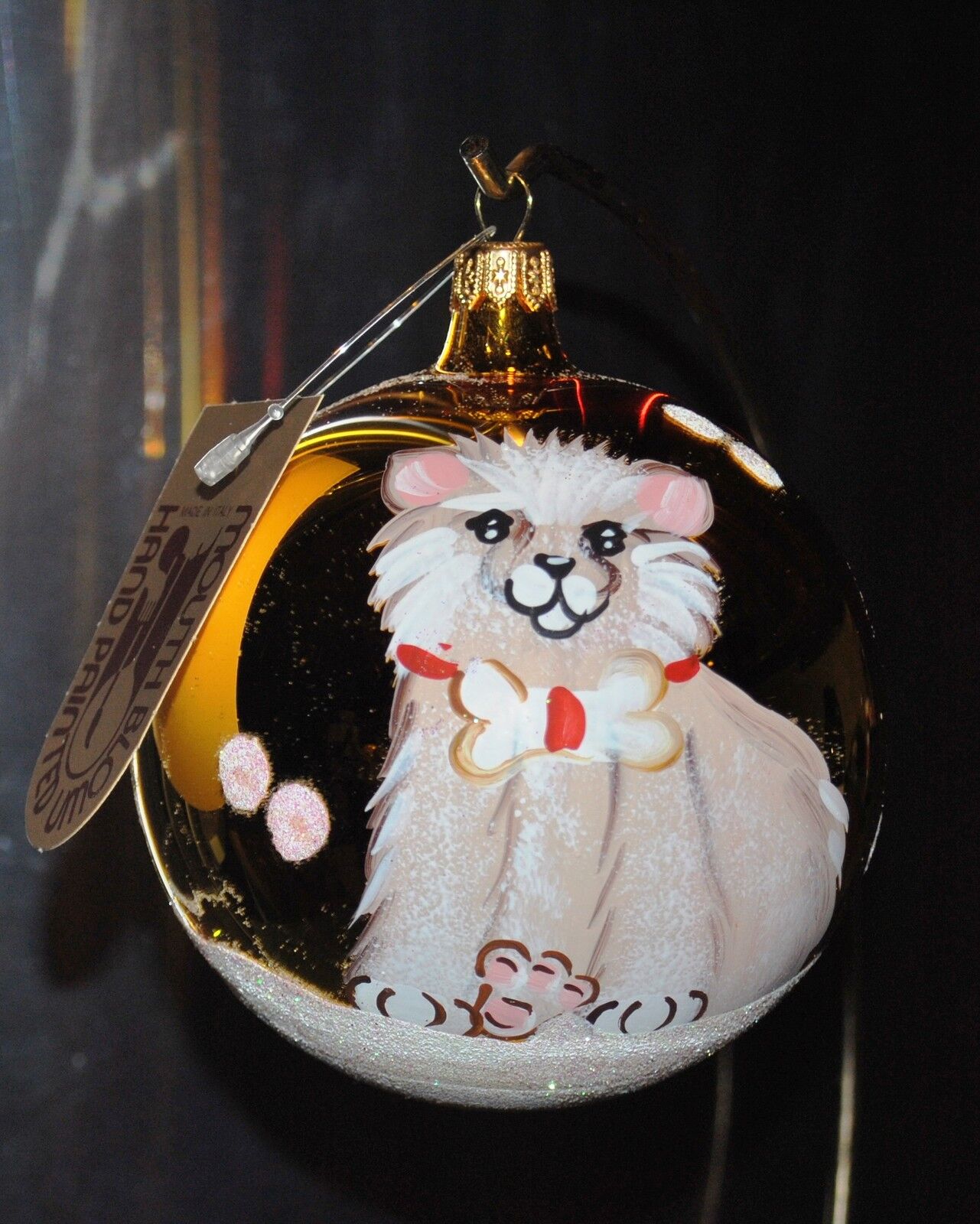 CUTE CAT KITTY ARTISAN GLASS Blown Christmas Ornament ITALY BALL YELLOW Lmt Edit