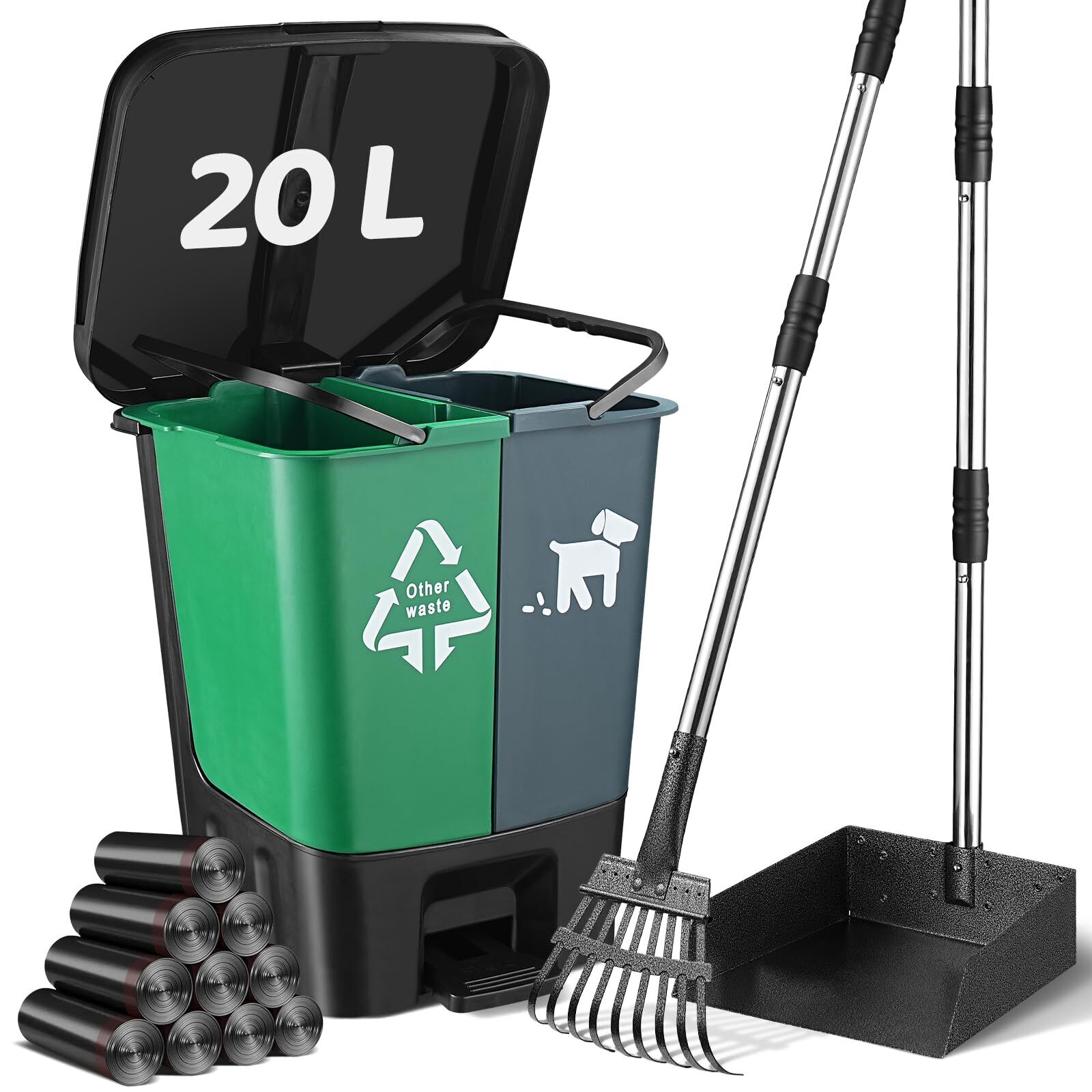 Dog Pooper Scooper Set: XL Rake, 20L Trash Can, 150 Waste Bags