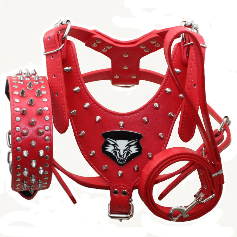Spikes Studded Leather Dog Harness&Collar&Leash set for Pit Bull Husky Boxer
