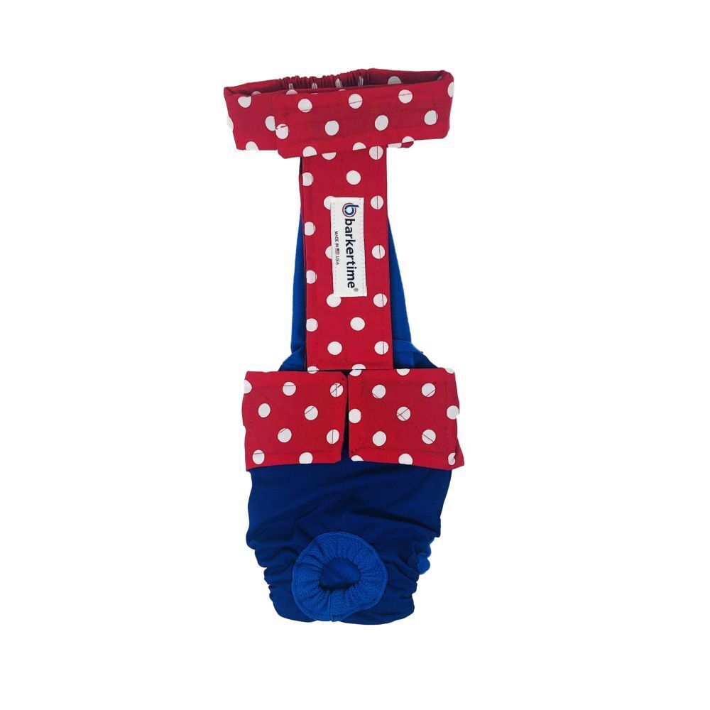 Dog Diaper Overall - Made in USA - Red Polka Dot on Blue Escape-Proof Waterpr...