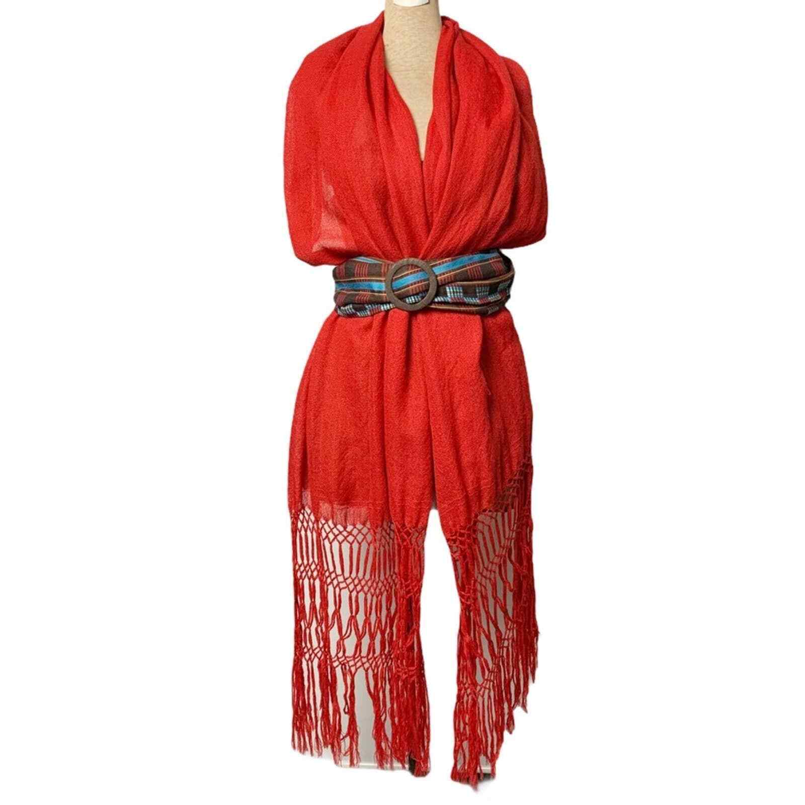 Vintage shawl wrap scarf boho braided fringe tomato red 50”