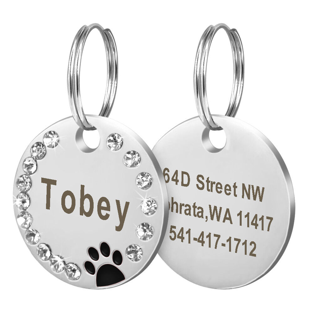 Paw Rhinestone Personalized Dog Tags Pet Cat ID Name Tag Engraved Free Hair Bows