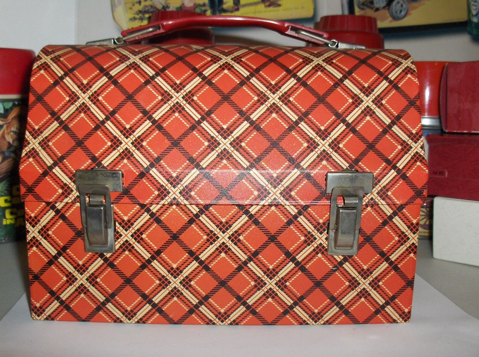 Plaid-Red & White`1960`King Seeley Thermos Co.Dome Style.Metal Lunchbox->Free US