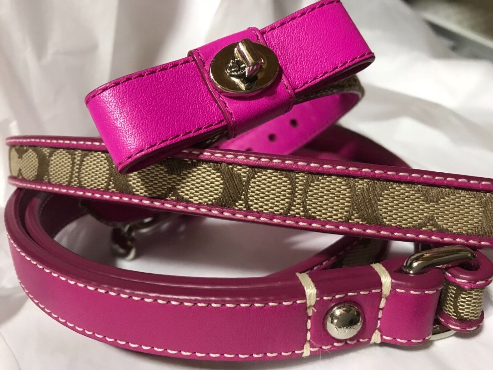 NEW COACH SET PINK BOW SIGNATURE EXTRA SMALL DOG COLLAR & LEASH S