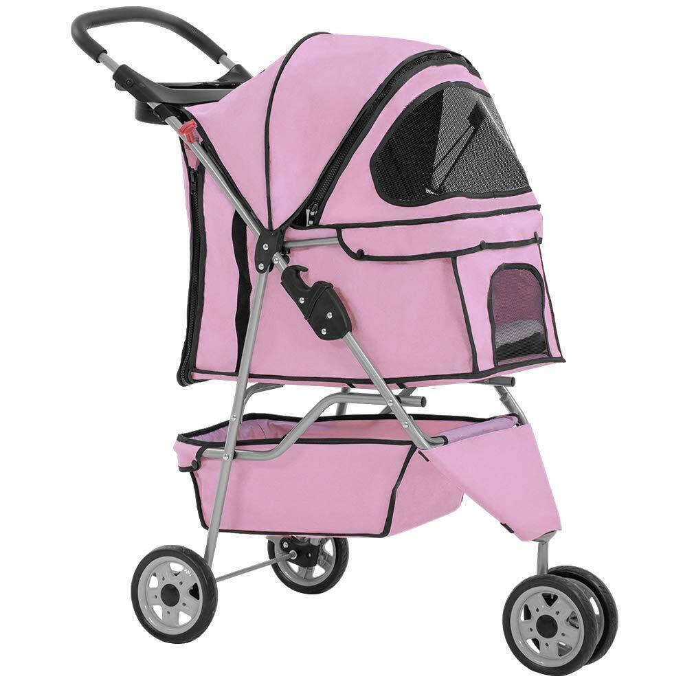 New Pink Pet Stroller Cat Dog Cage 3 Wheels Stroller Travel Folding Carrier 13T