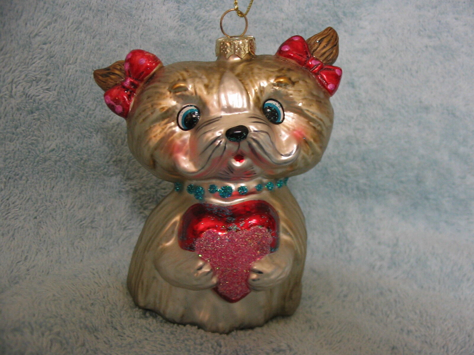 Kitty Cat w Jeweled Collar Glass Ornament - Red Hair Bows and Glitter Heart
