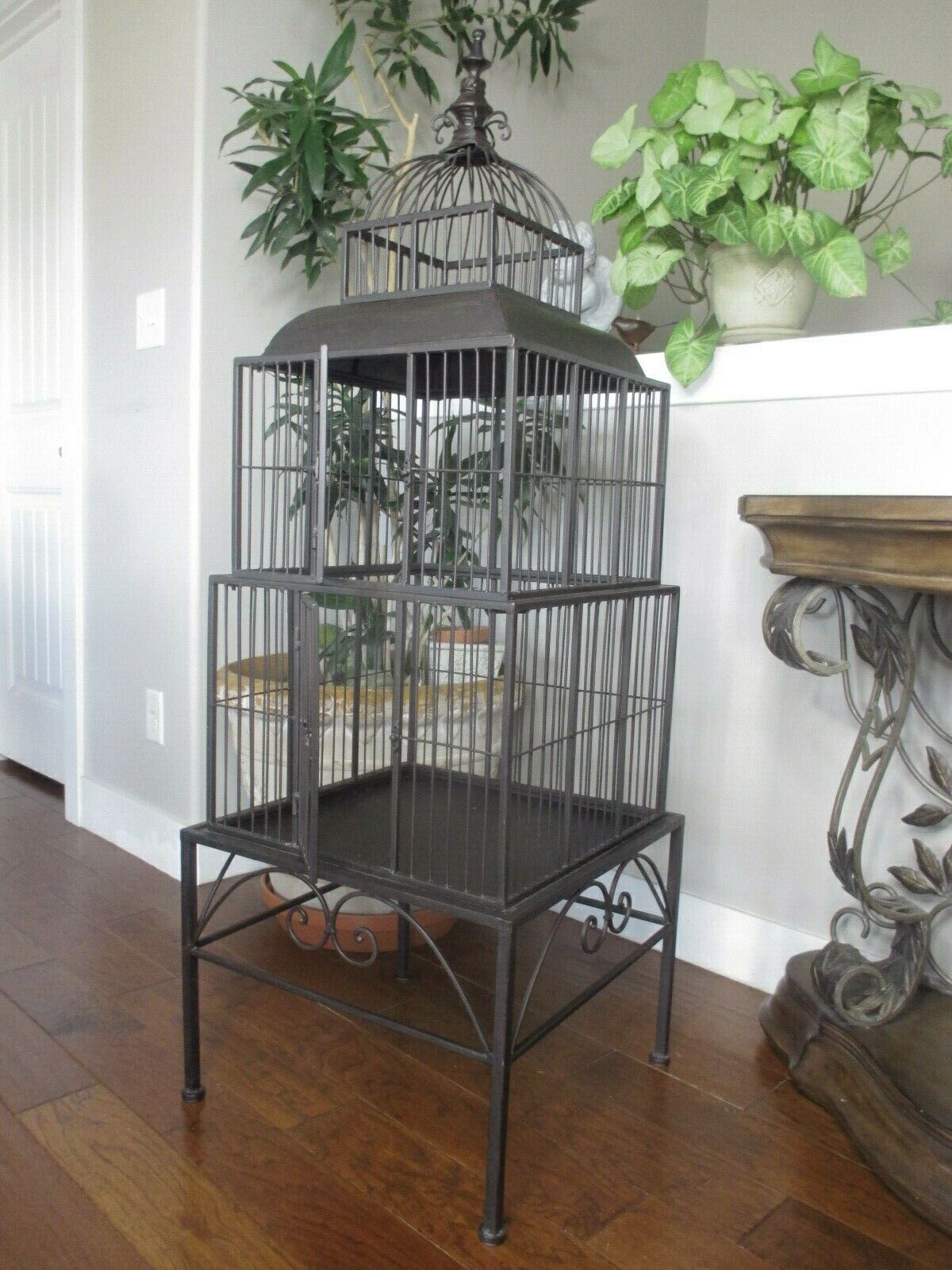 Large Iron Bird Cage Vtg Ornamental Dome Top Architectural Pyramid Stack on Base