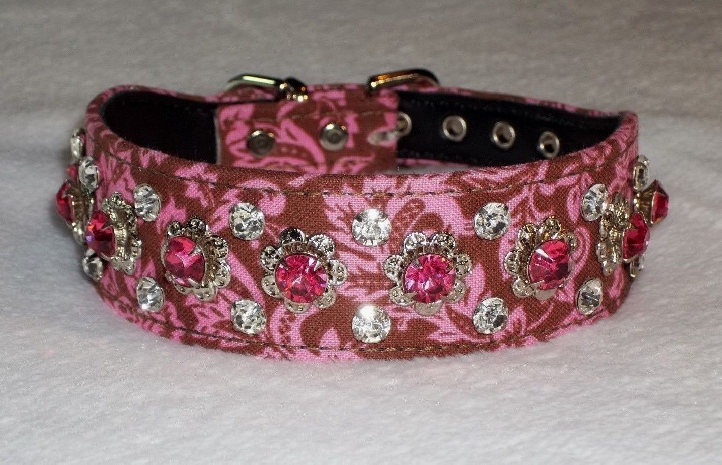 Rhinestone Dog Collar Designer Chocolate Pink Damask Crown Jewel Bling