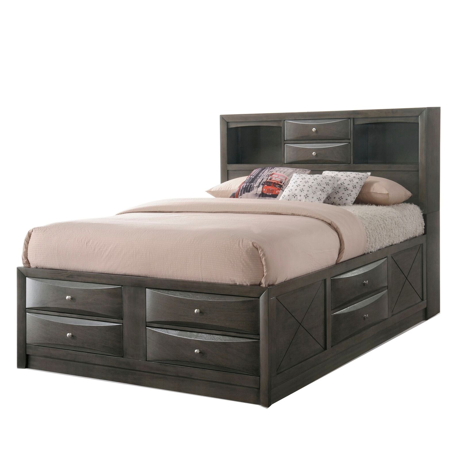 Panel Design Full Size Bed with Bookcase and Drawers, Taupe Brown Full