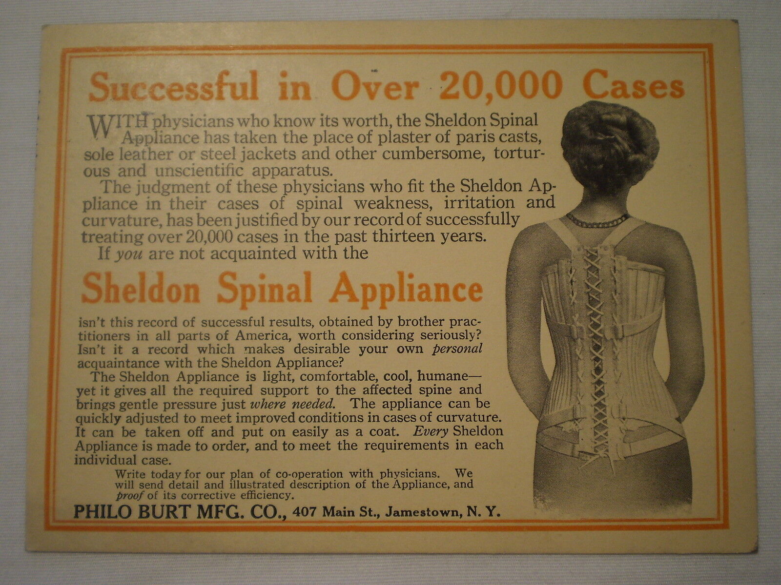 ANTIQUE 1920\'s SHELDON SPINAL APPLIANCE JAMESTOWN NY ADVERTISING POSTCARD