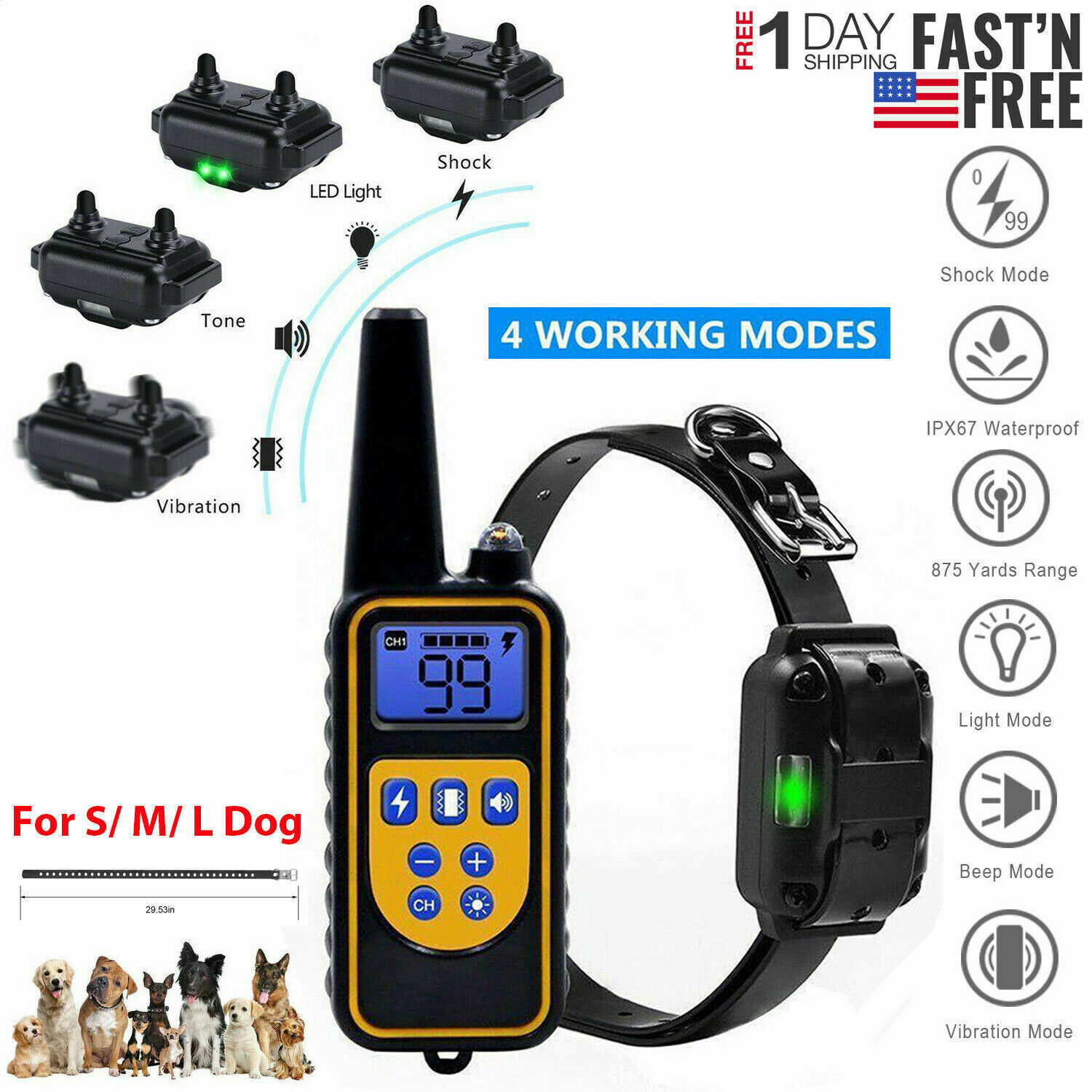 2625ft Remote Dog Shock Training Collar Waterproof Pet Trainer Remote+Receiver