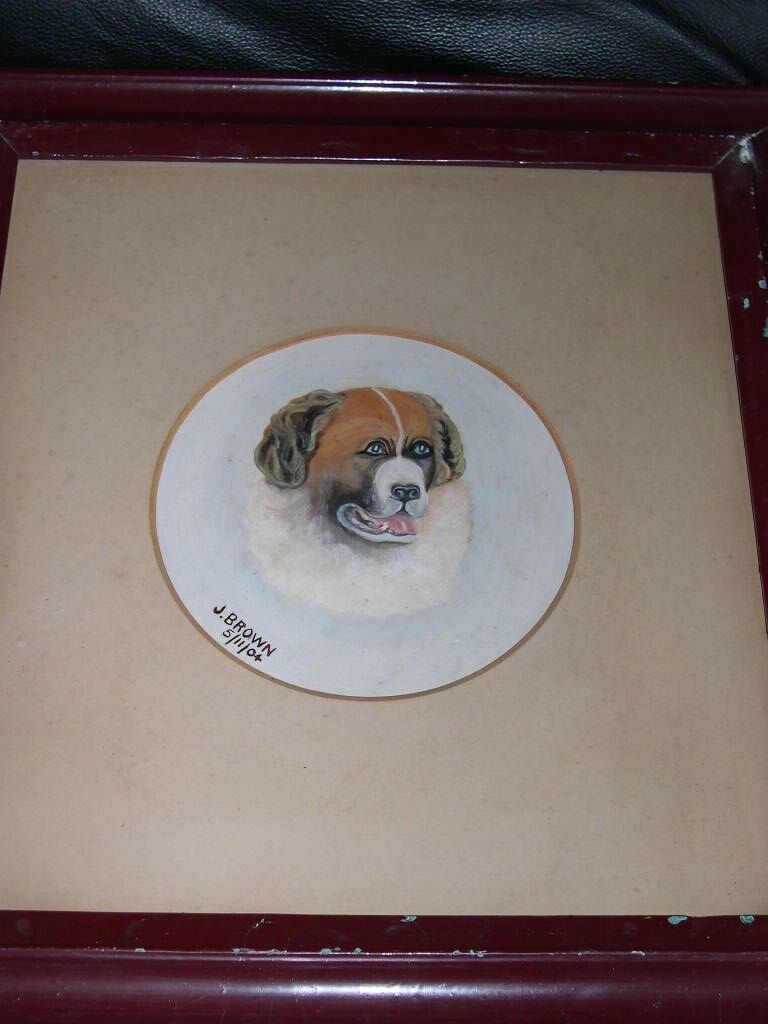 LARGE ANTIQUE ST SAINT BERNARD DOG OIL PAINTING 1904 ORIGINAL FRAME SIGNED HEAD