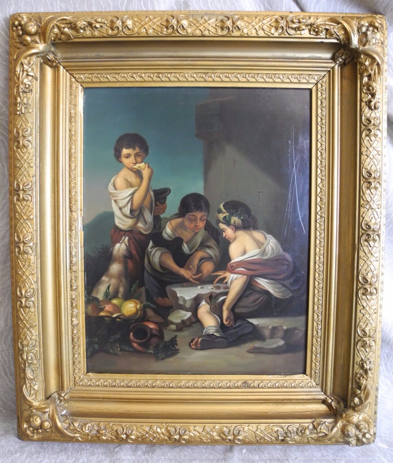 Antique Framed Oil Painting on Copper  Children Playing game and Dog