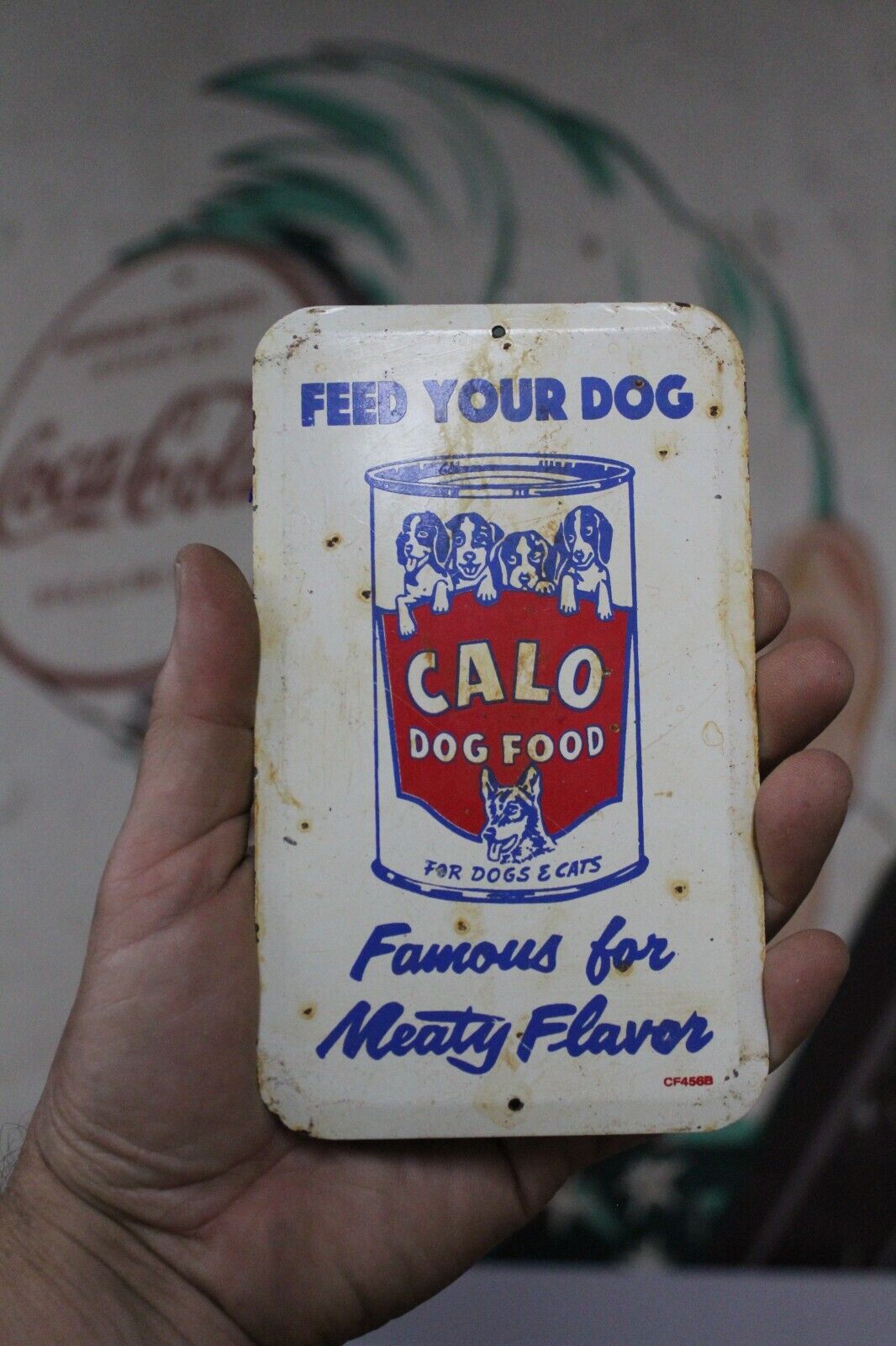 1950s CALO DOG CAT FOOD CAN STAMPED PAINTED METAL SIGN SPANIEL PUPPY SHEPHERD