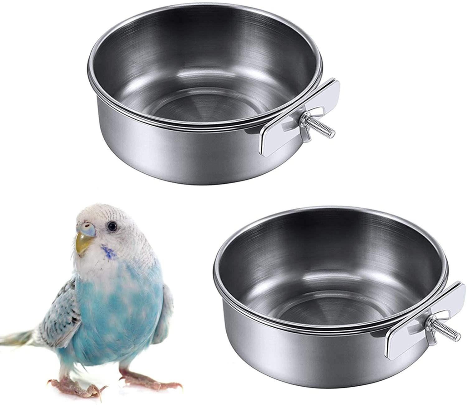 kathson 2 Pack Bird Feeding Cups with Clamp Holder, Parrot Food & Silver 