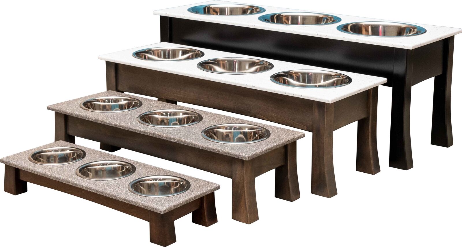 TRIPLE Dish MODERN ELEVATED DOG FEEDER - Brown MAPLE Wood CORIAN Top and Bowls