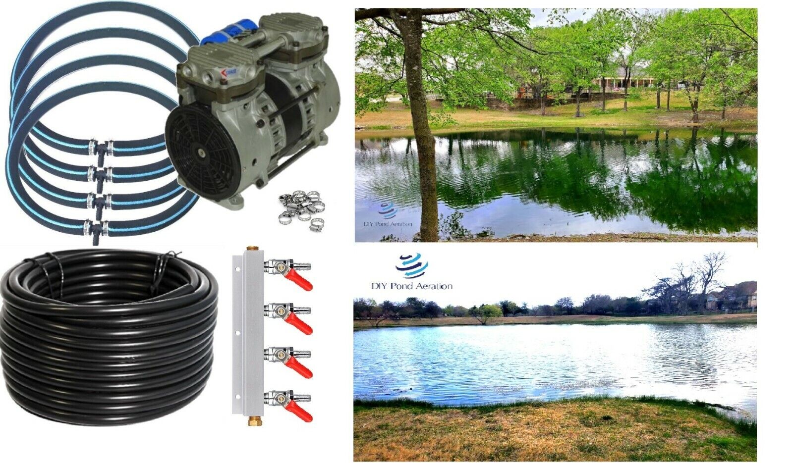 3/4HP Large Pond Aerator System 4x HD Diffusers + 400' Sink TUBE +Valve 2+acres