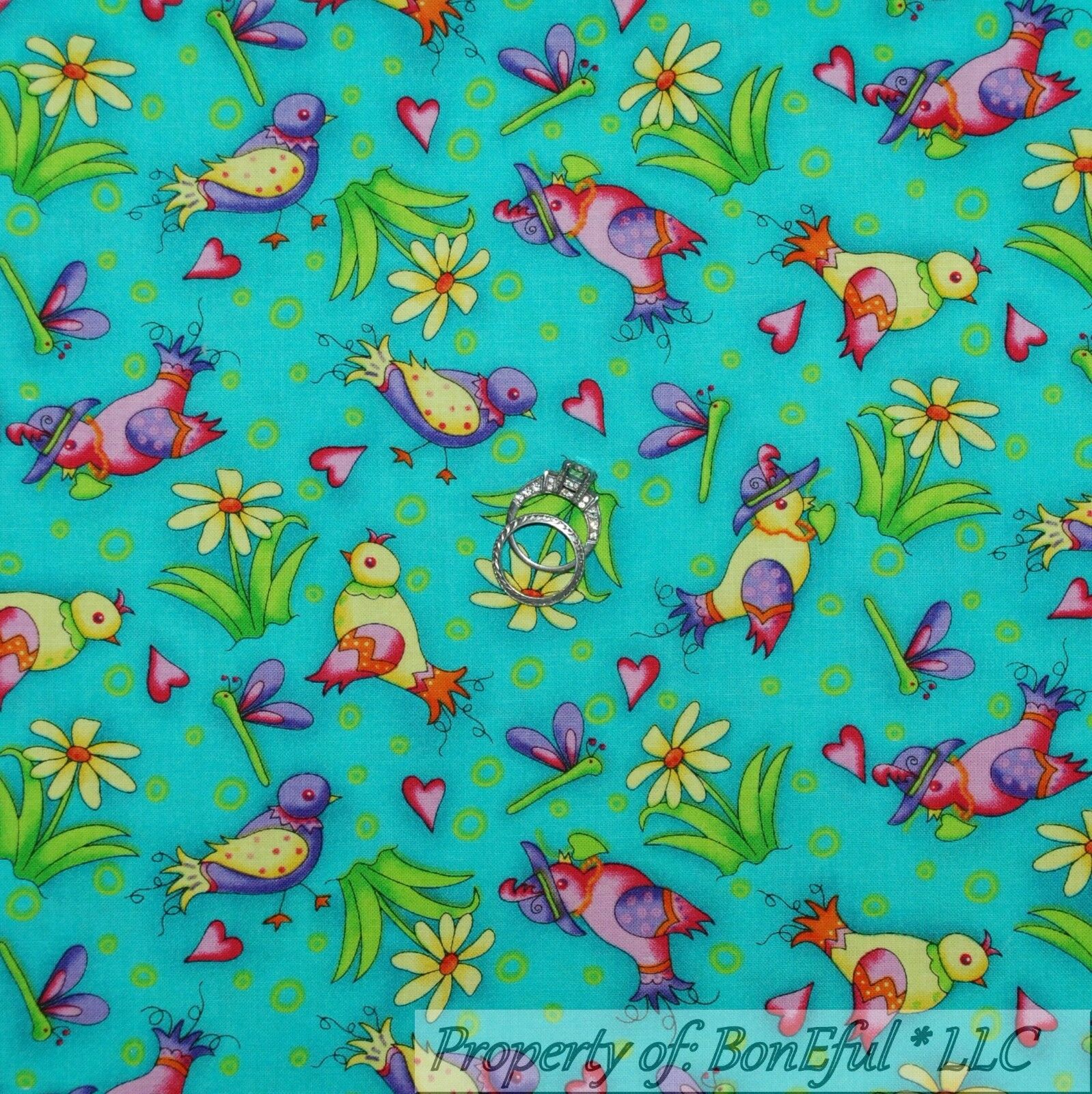 BonEful Fabric FQ Cotton Quilt Aqua Blue Pink Love Bird Heart Flower Dragonfly S