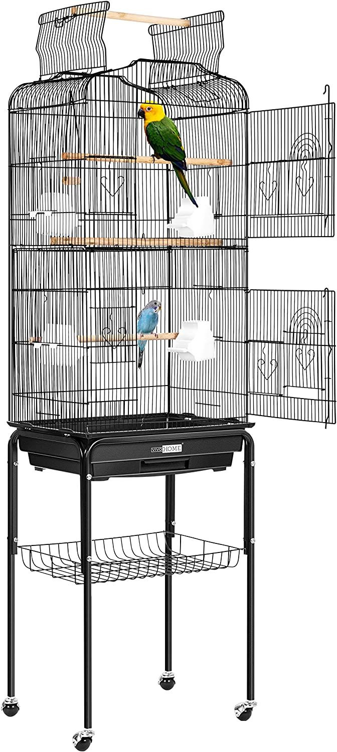 VIVOHOME 59.8 Inch Wrought Iron Bird Cage with Play Top and Rolling Black 