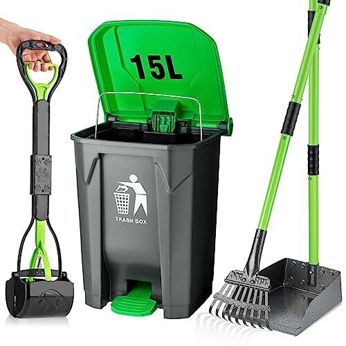 Pooper Scooper Set, Dog Poop Trash Can for Outdoors with 20 Waste Bags, 15 