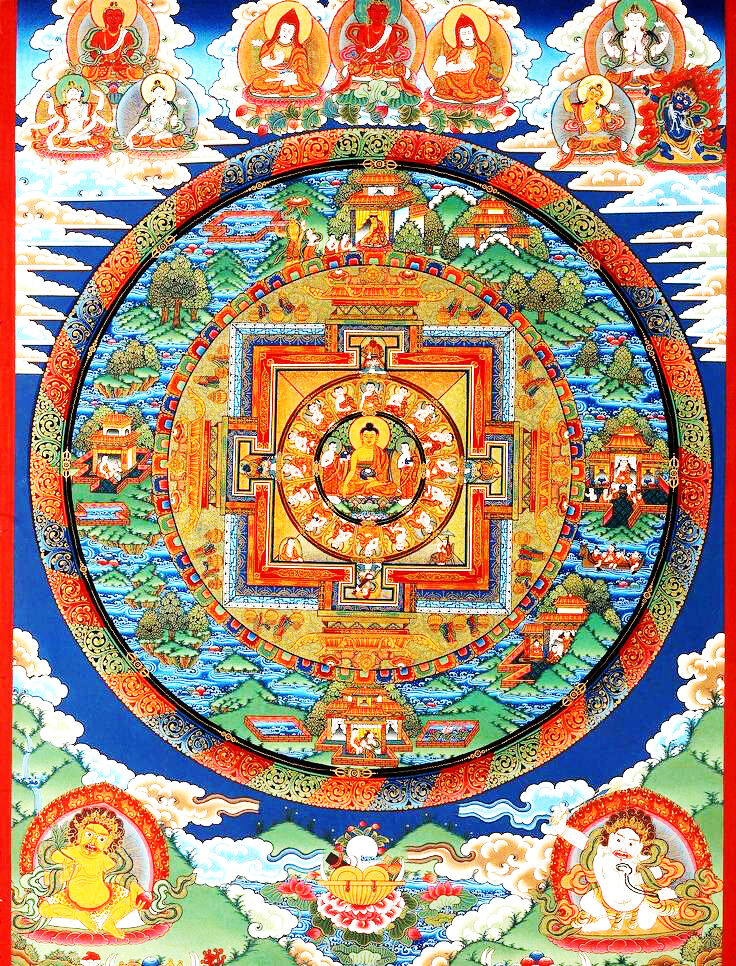 32“Brocade Wood Scroll Tibet Buddist Thangka Mandala - Sakyamuni & Sixteen Arhan