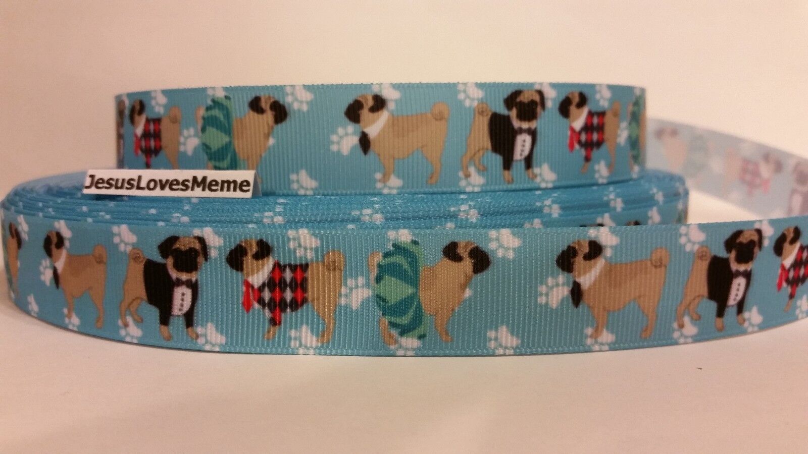Grosgrain Ribbon, Pug Dogs All Dressed Up, White Paw Prints on Teal, 7/8\