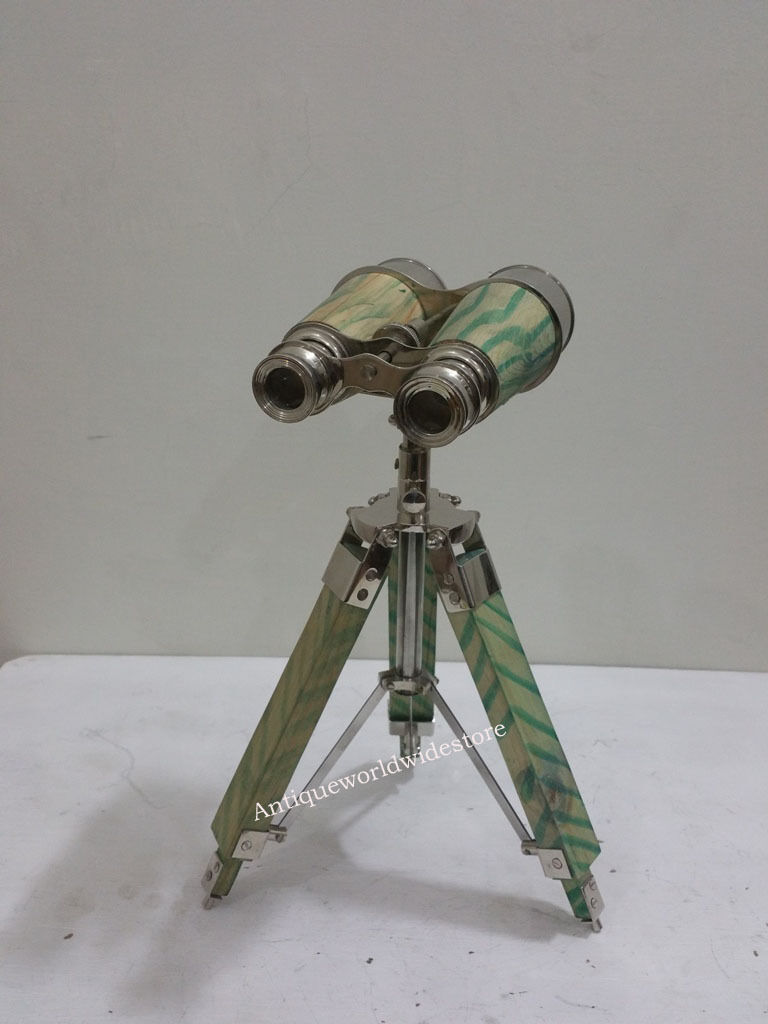 Nautical Table Top Chrome  Binocular With Wooden Tripod  Stand
