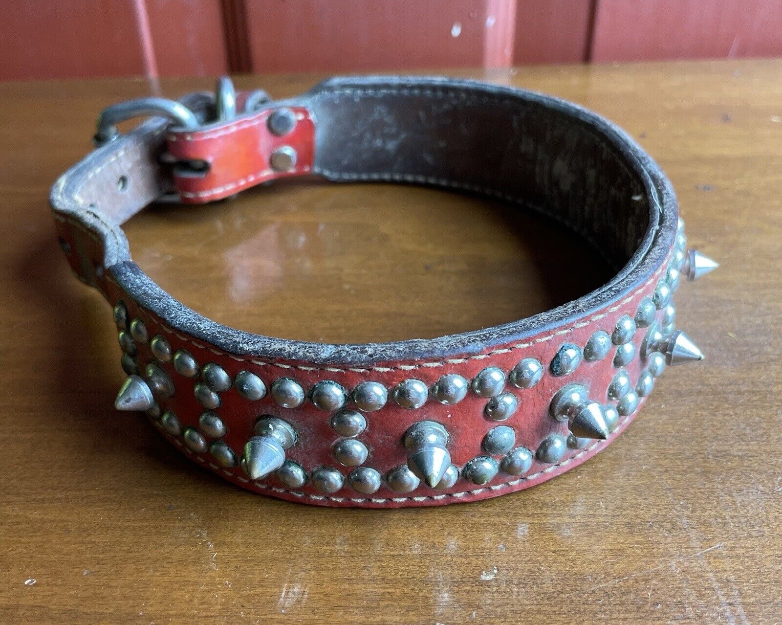 Large Vintage Red Leather Spiked Studded Adjustable Dog Collar 
