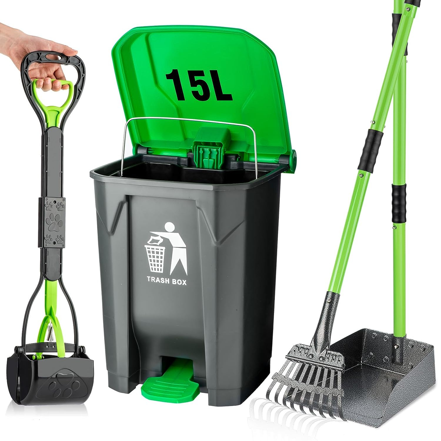 Pooper Scooper Set, Dog Poop Trash Can for Outdoors with 20 Waste Bags, 15 Litre