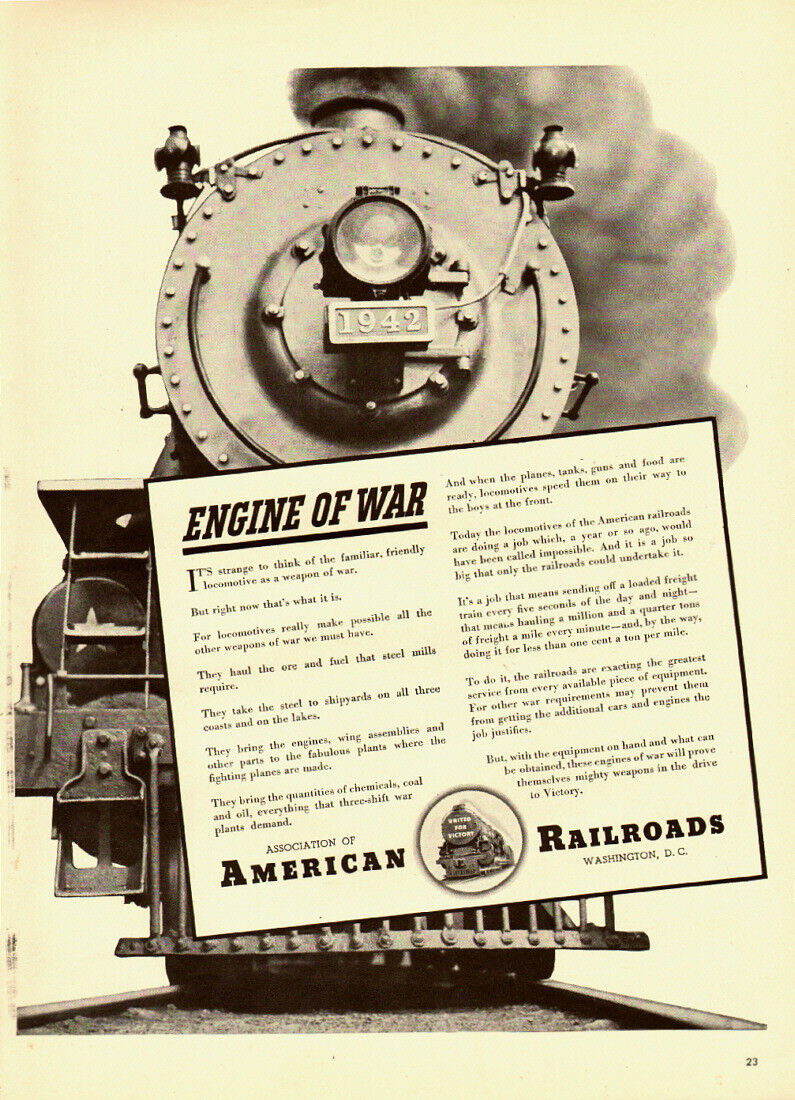 1942  WW 2  Ad, Engine of War, American Railroads, United for Victory -102913