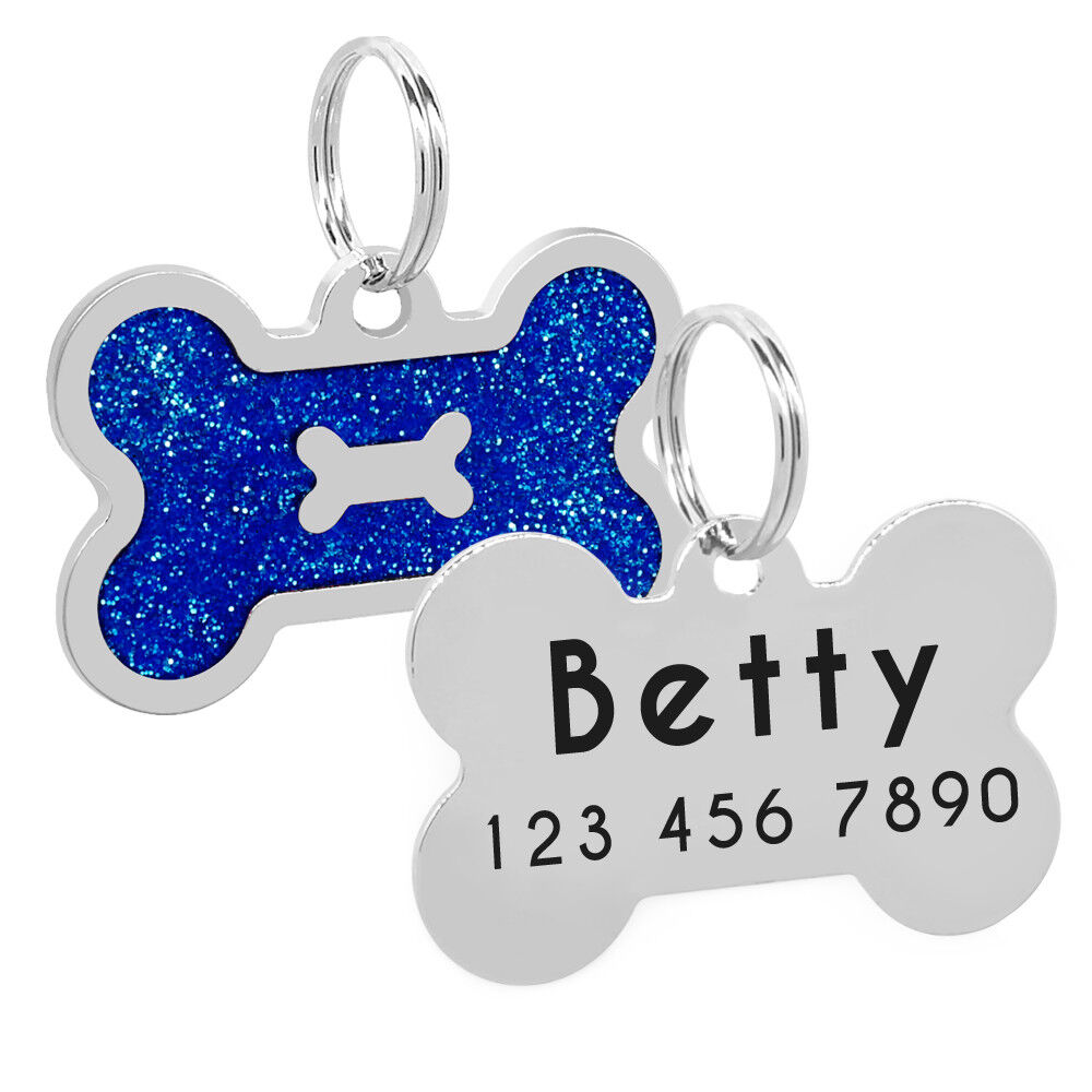 Glitter Bone Shape Personalized Dog Tags Engraved Pet ID Name Collar Tag Charm