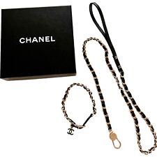 CHANEL Coco Mark Leather/Chain Dog Collar 24-28cm & Dog Leash Set W/Box Unused picture