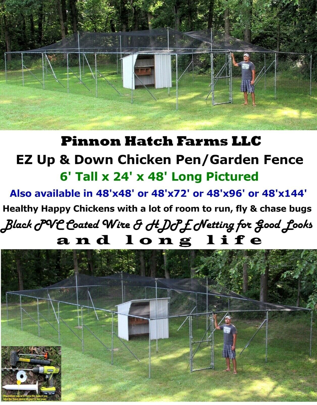 Chicken Run Pen Cage 6’ tall 25’ 50’ 75’ 100’ Poultry Coop Garden Fence Metal