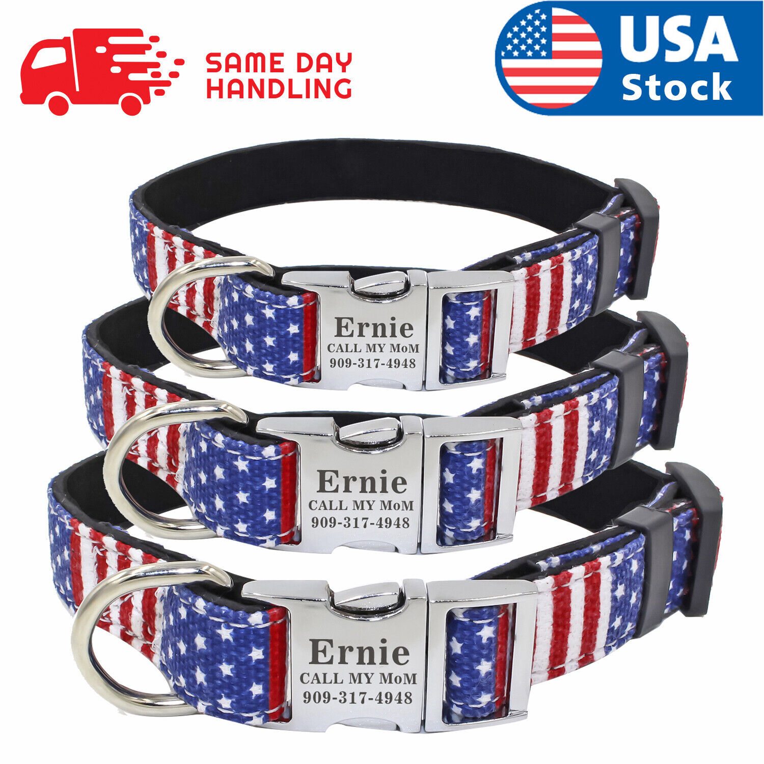 Custom USA Flag Dog Collar with personalized dog name plate tag ID 