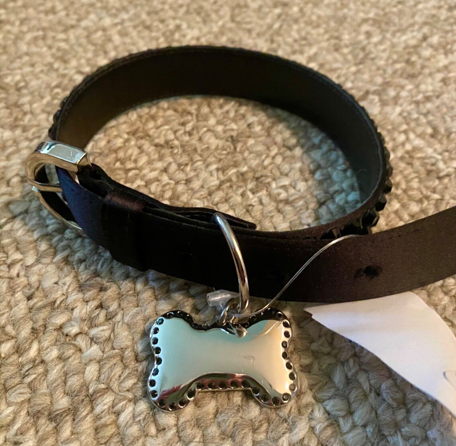 Judith Leiber New Black Leather Puppy Dog Collar Silver Tone Bone Charm NWT