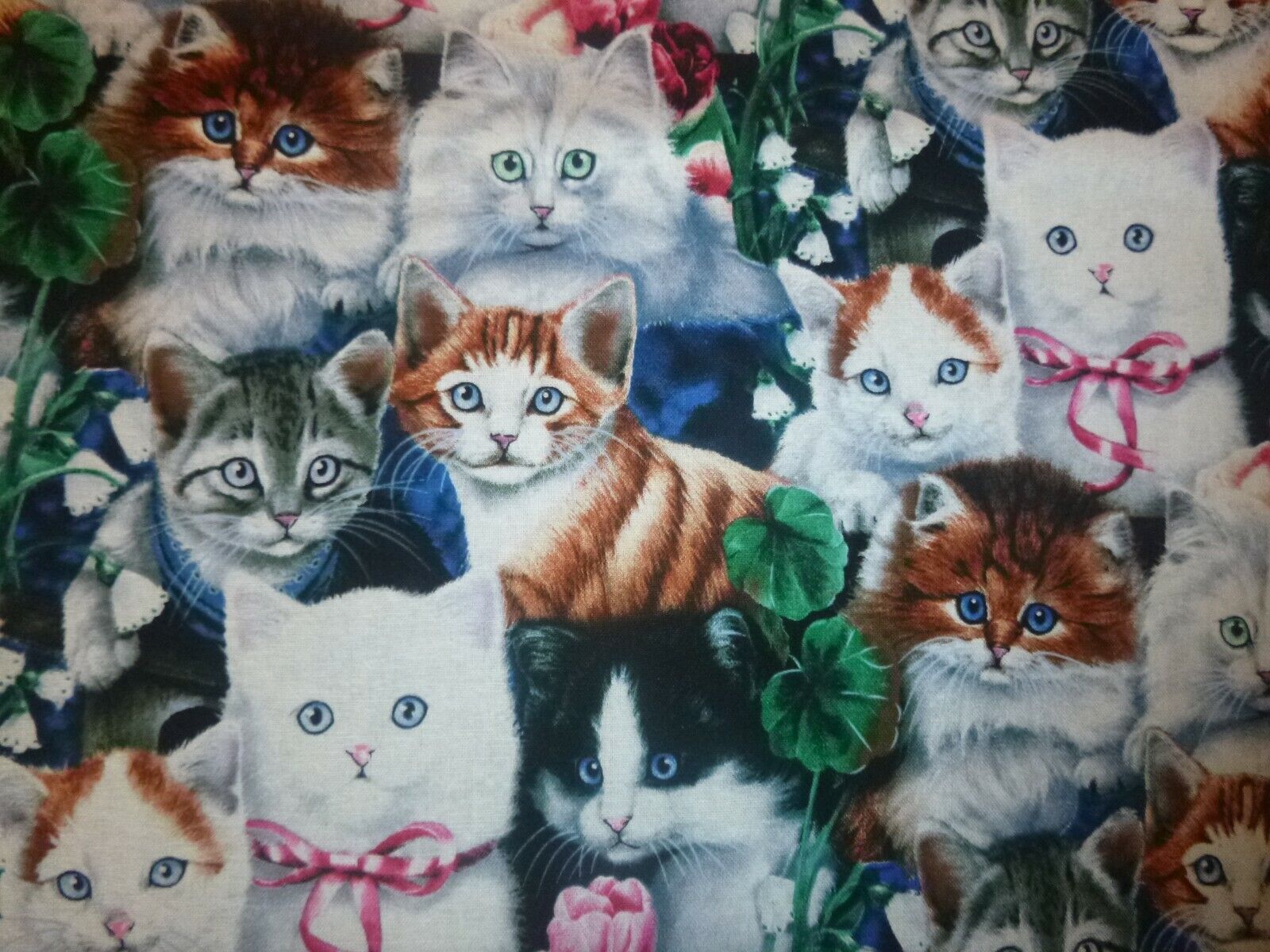 Cats With Ribbons and Flowers Cotton Fabric - 15 INCHES WIDE and 50 INCHES LONG